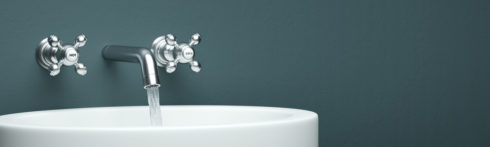 Modern faucet as panorama with green wall